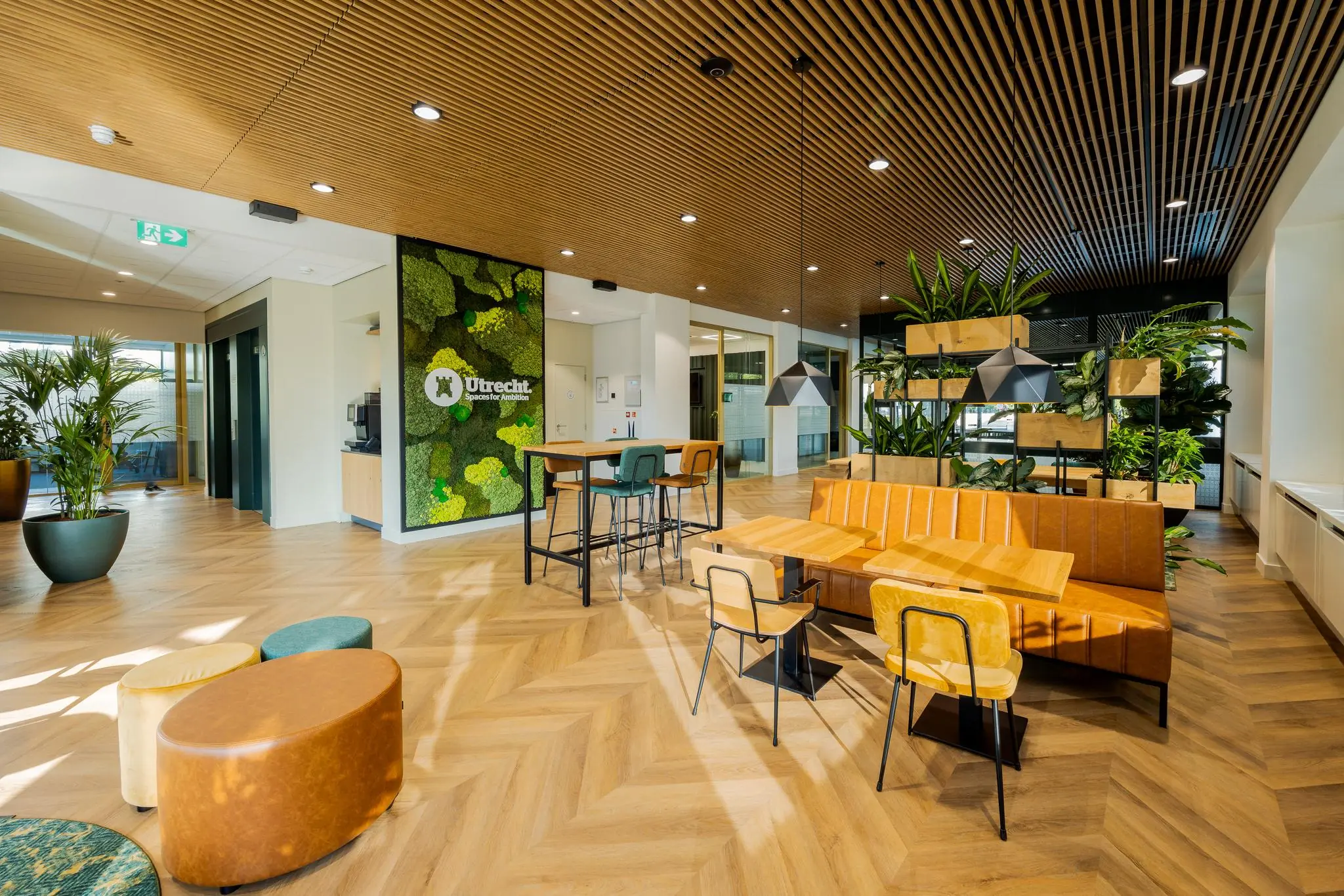 Moderne en groene kantoorlounge aan de Euclideslaan in Utrecht met zithoeken, plantenwanden en houten accenten.