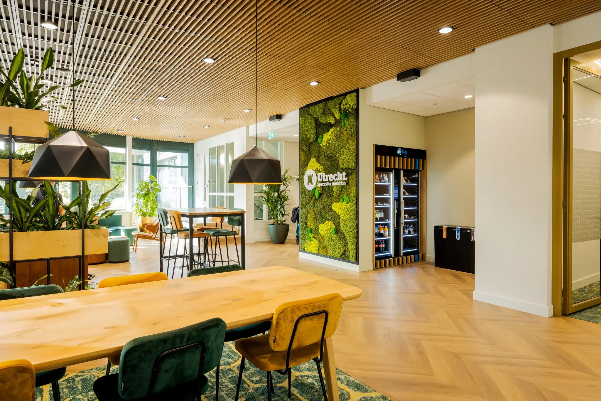 Een modern en licht kantoorinterieur aan de Euclideslaan in Utrecht met houtaccenten, veel planten en een zithoek.