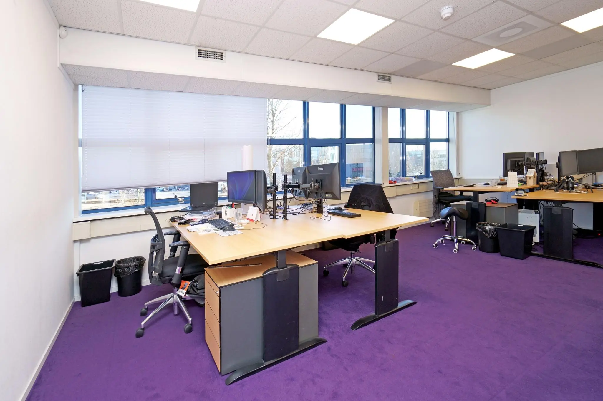 Modern kantoor met meerdere bureaus, computerschermen en paarse vloerbedekking aan de Zuiderweg.