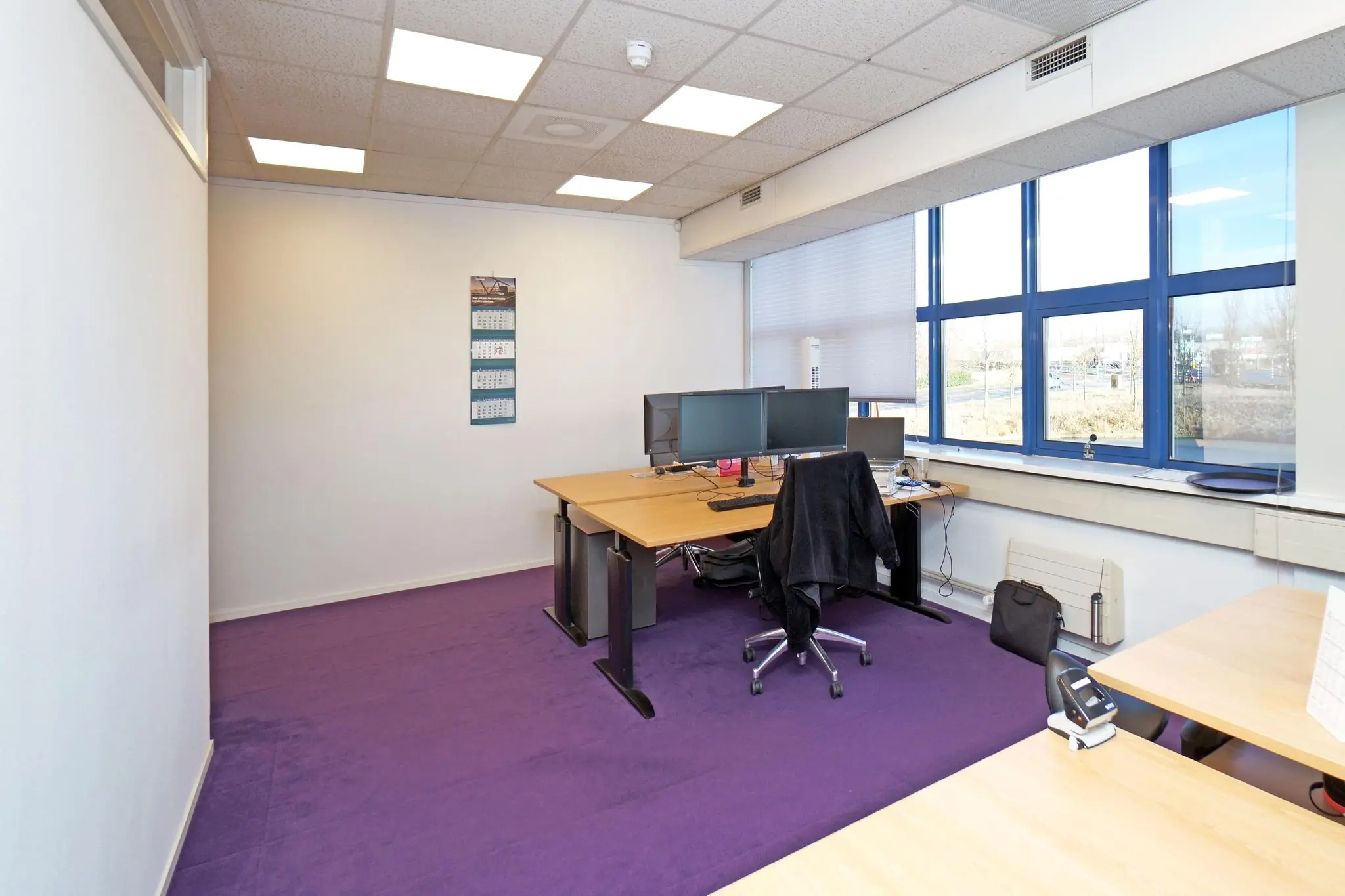 Kantoorruimte aan de Zuiderweg met paarse vloerbedekking, houten bureaus, meerdere computerschermen en grote ramen met blauwe kozijnen.