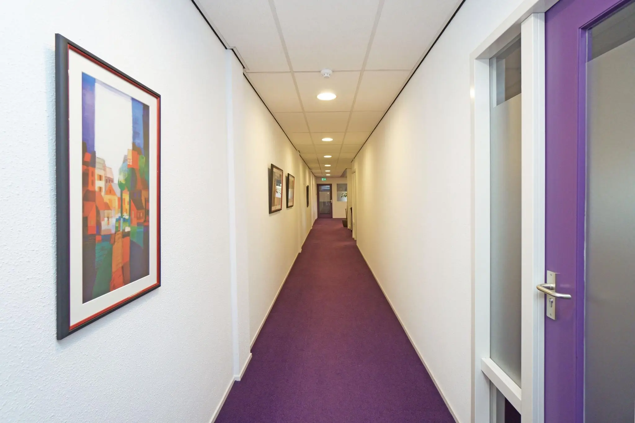 Lange, smalle gang met paarse vloerbedekking, witte muren en kleurrijke schilderijen aan de wand, in een gebouw aan de Zuiderweg.