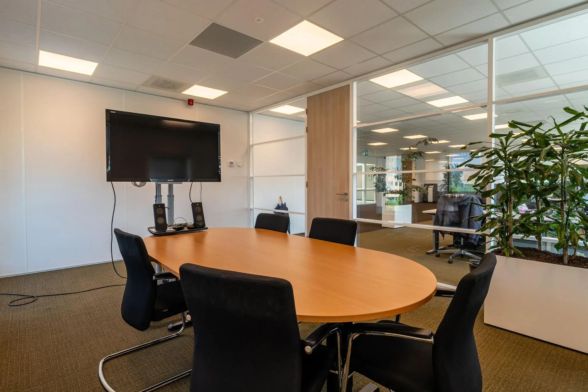 Moderne vergaderruimte met ovale houten tafel, zwarte stoelen, groot scherm en zicht op een open kantoorruimte aan de Bahialaan.