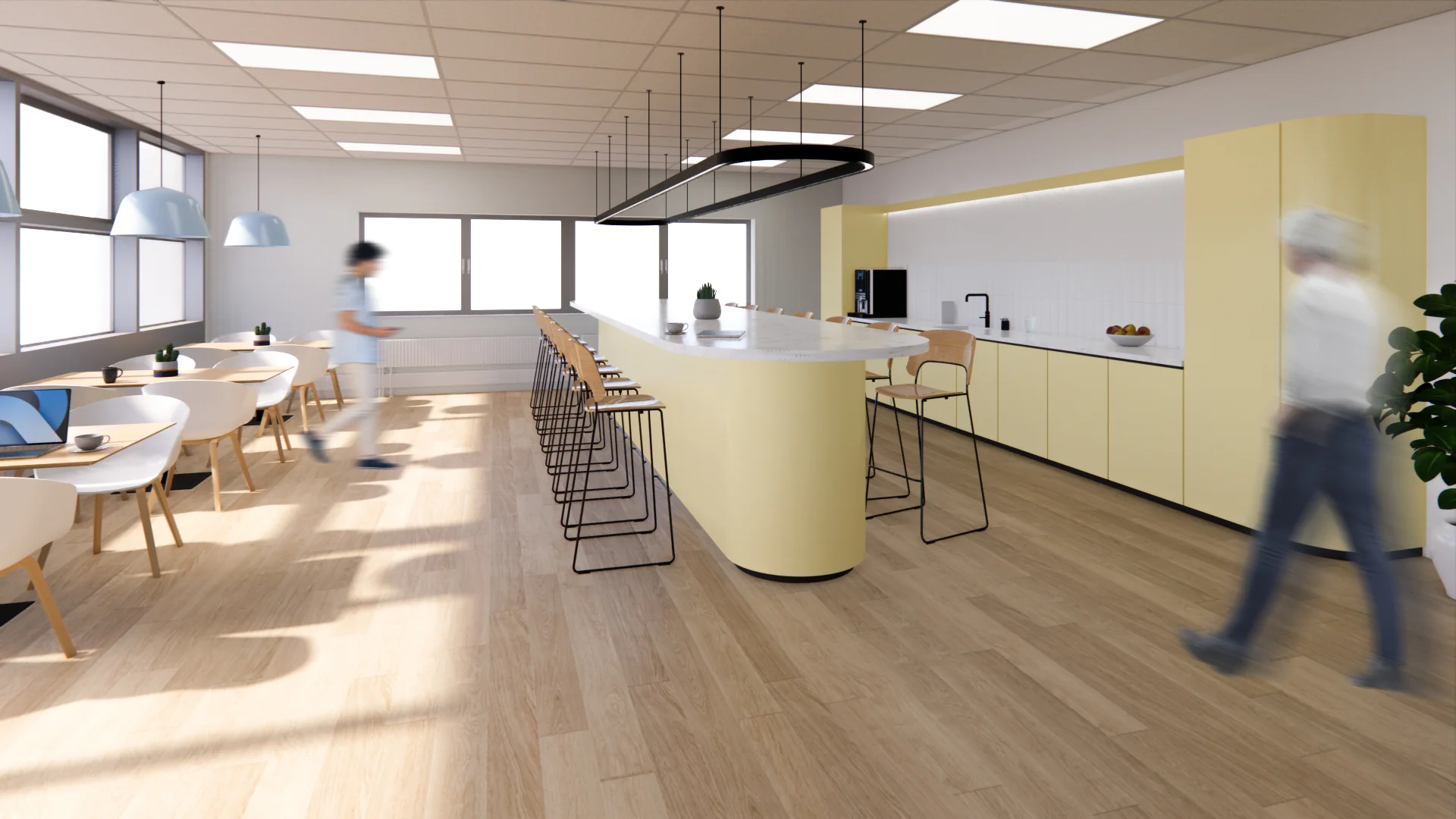 Moderne, licht ingerichte kantoorkeuken aan de Kleveringweg met gele keukenkasten, een lang kookeiland en zithoeken.