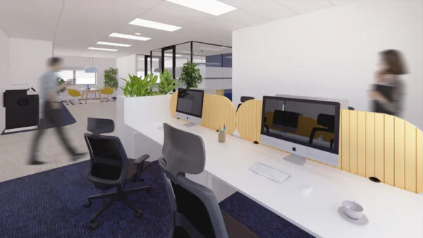 Modern kantoorinterieur aan de Kleveringweg met werkplekken, computers, planten en vergaderruimte op de achtergrond.