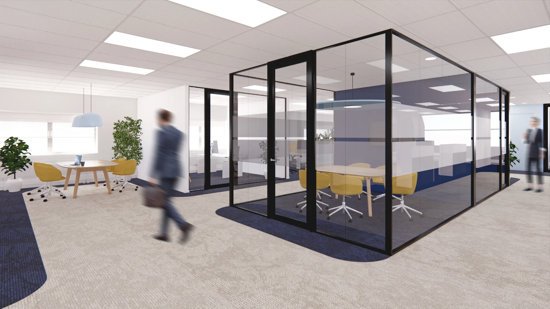 Modern kantoorinterieur aan de Kleveringweg met glazen vergaderruimtes en gele stoelen.