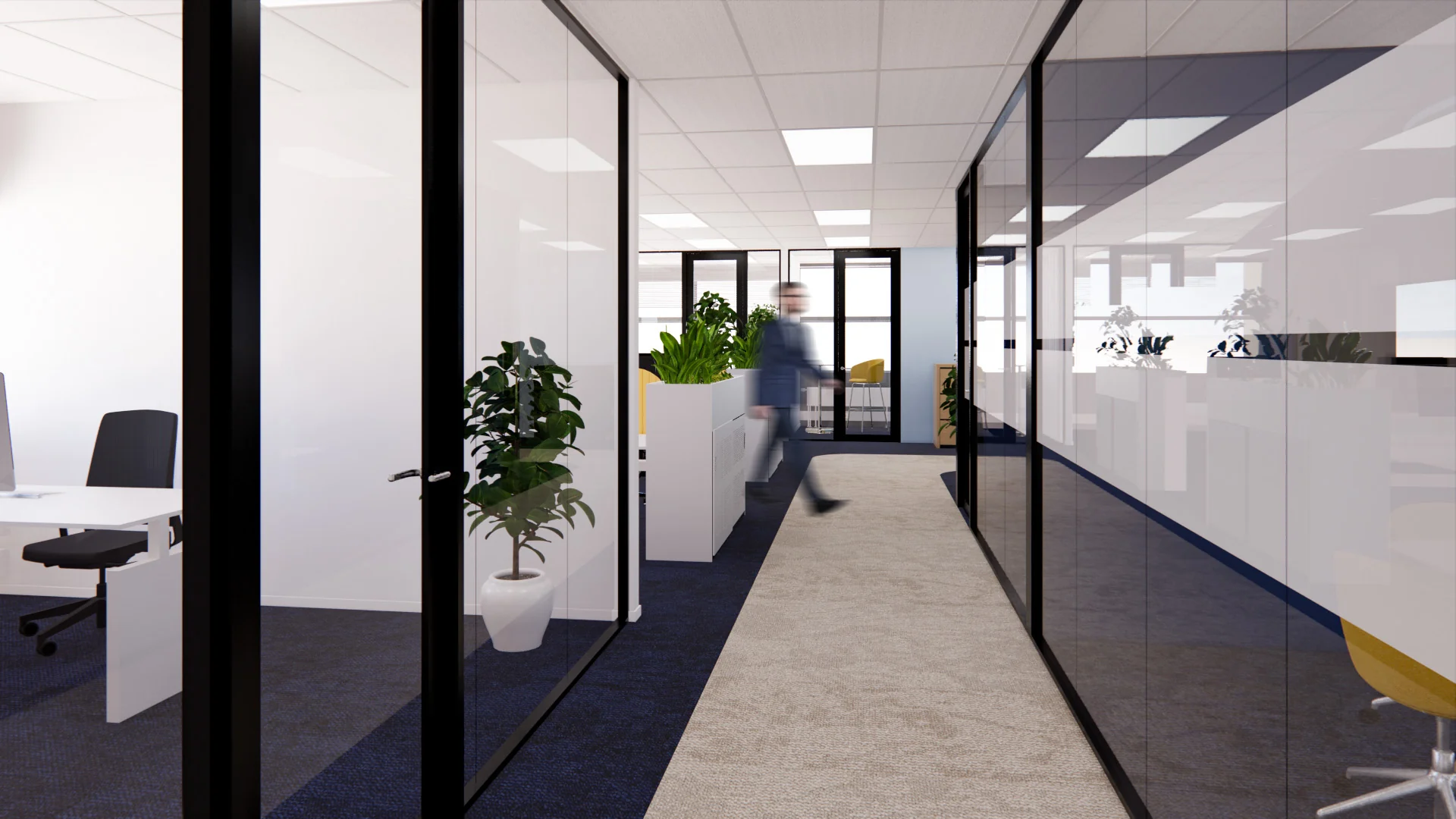 Moderne kantoorruimte aan de Kleveringweg met glazen wanden, bureaus, en groene planten.