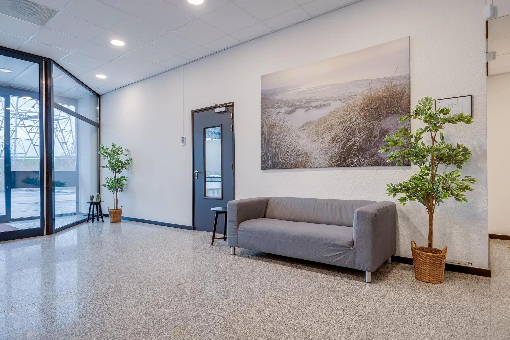 Wachtkamer met grijze bank, planten en een grote wandfoto van duinen in Zonnebaan.