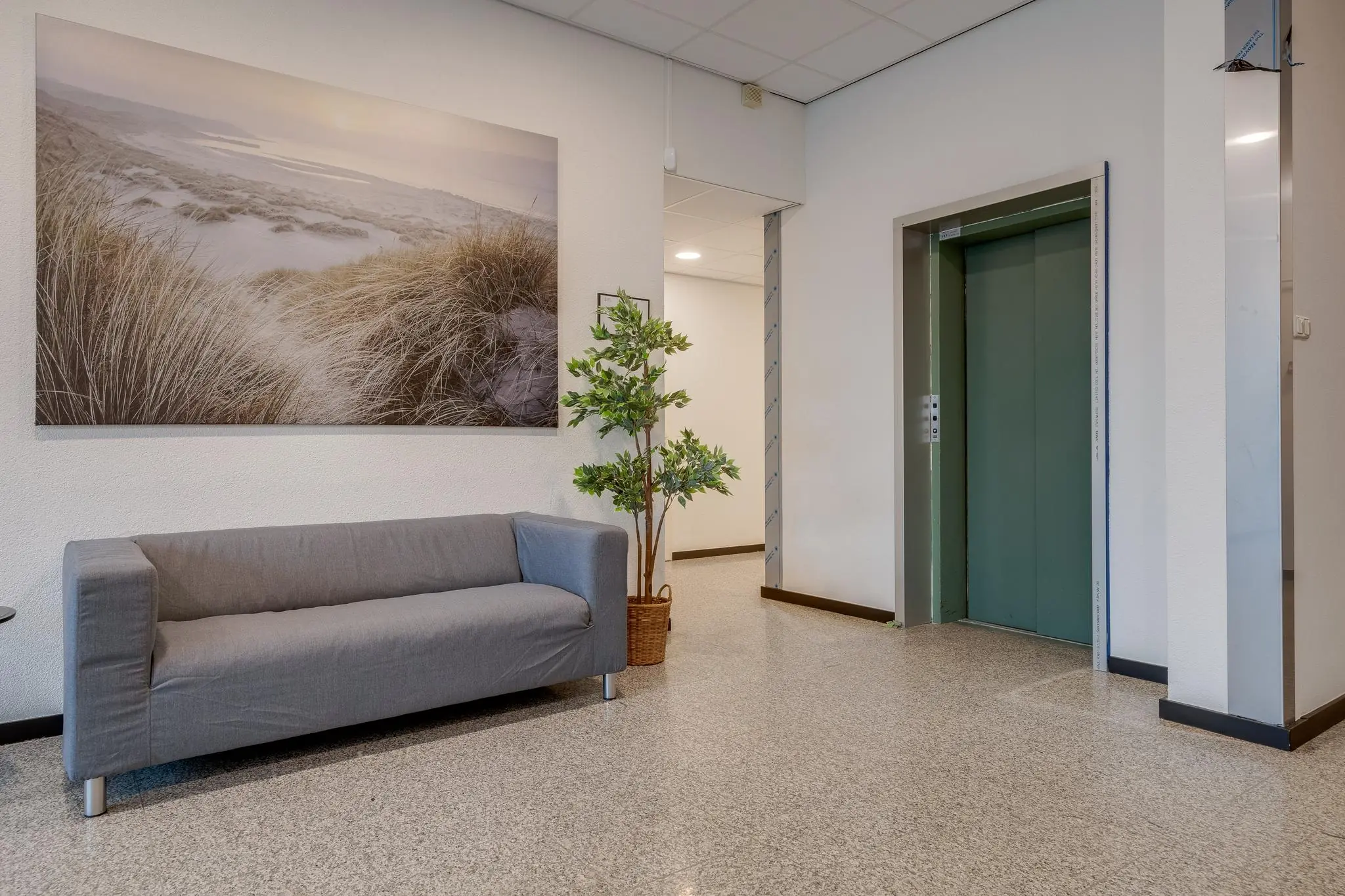 Wachtkamer of hal met grijze bank, plant, grote natuurfoto aan de muur en een groene liftdeur in gebouw aan de Zonnebaan.
