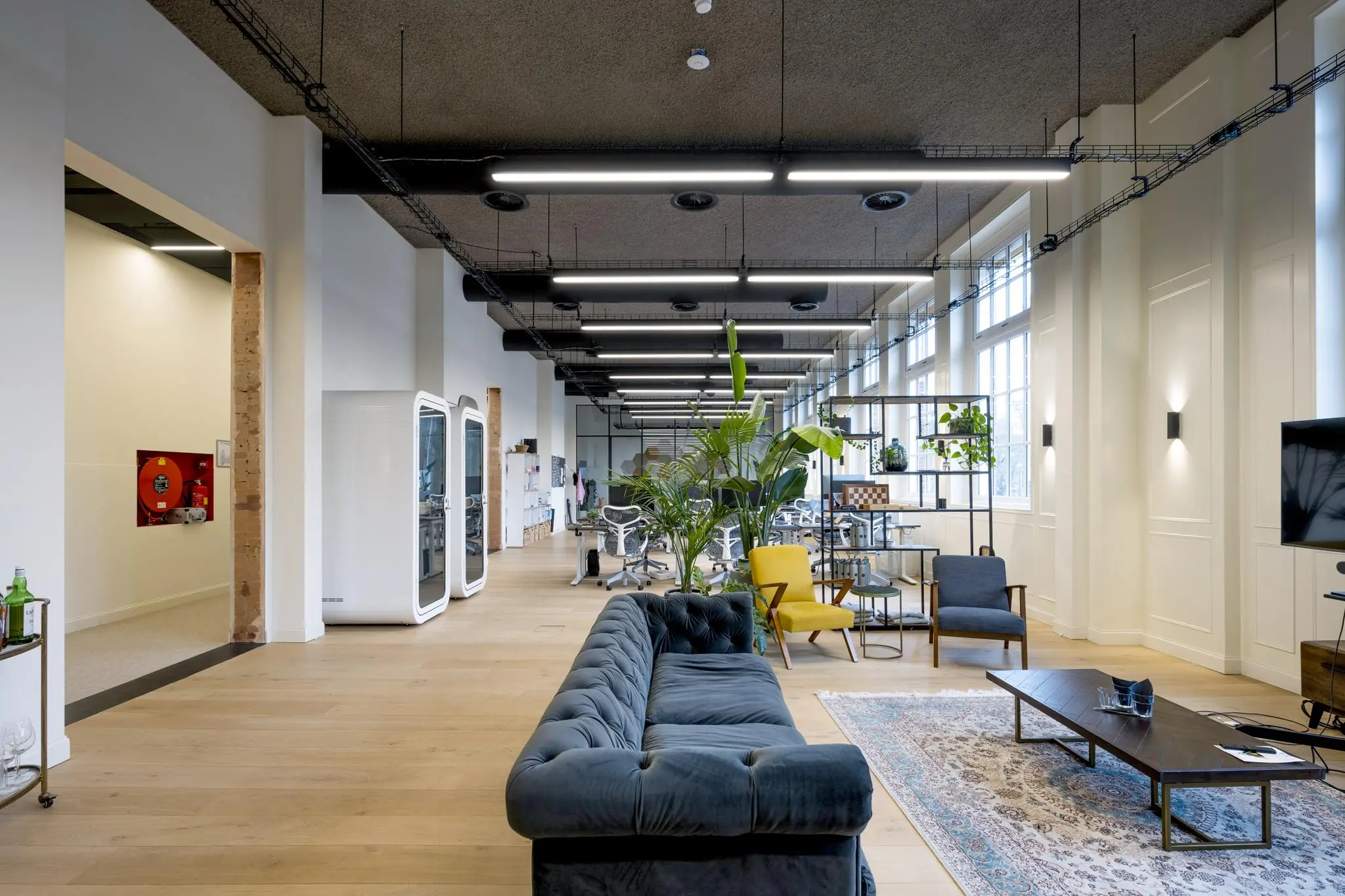 Modern ingericht kantoor aan de Overtoom met loungesofa, planten, werkplekken en grote ramen voor veel daglicht.