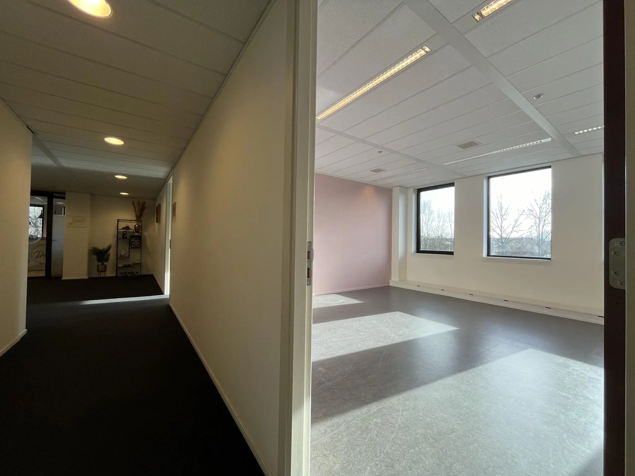 Zonnige, lege kantoorruimte met een lichtroze wand, gezien vanuit een gang in het gebouw Ratelaar.