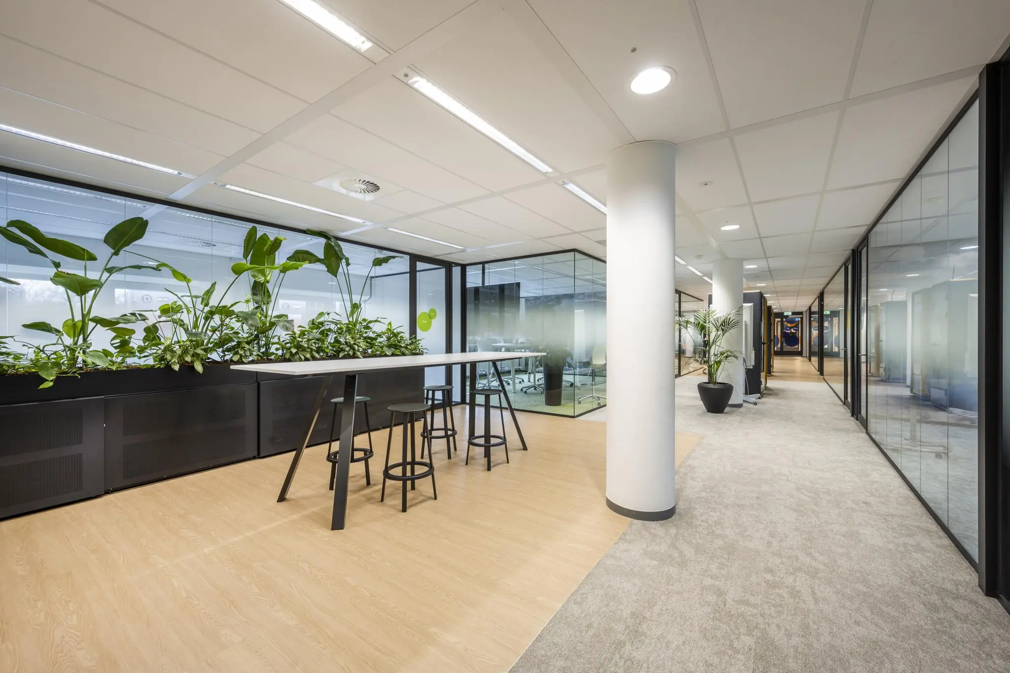 Modern kantoorinterieur met glazen vergaderruimtes, hoge tafels, barkrukken en veel groen.