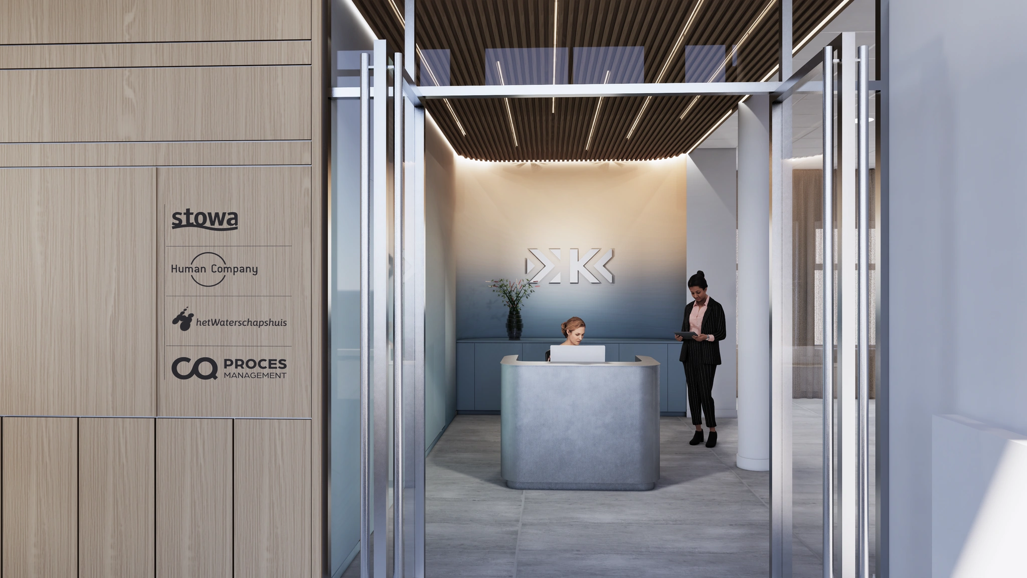 Moderne ontvangsthal met balie, twee vrouwen en bedrijfsnamen zoals Stowa en het Waterschapshuis op een houten wand.