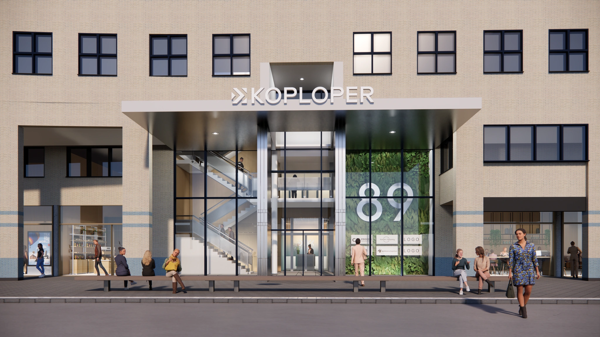 Voorgevel van het kantoorgebouw 'Koploper' aan Stationsplein 89 met glazen entree, trappenhuis en mensen op het plein.