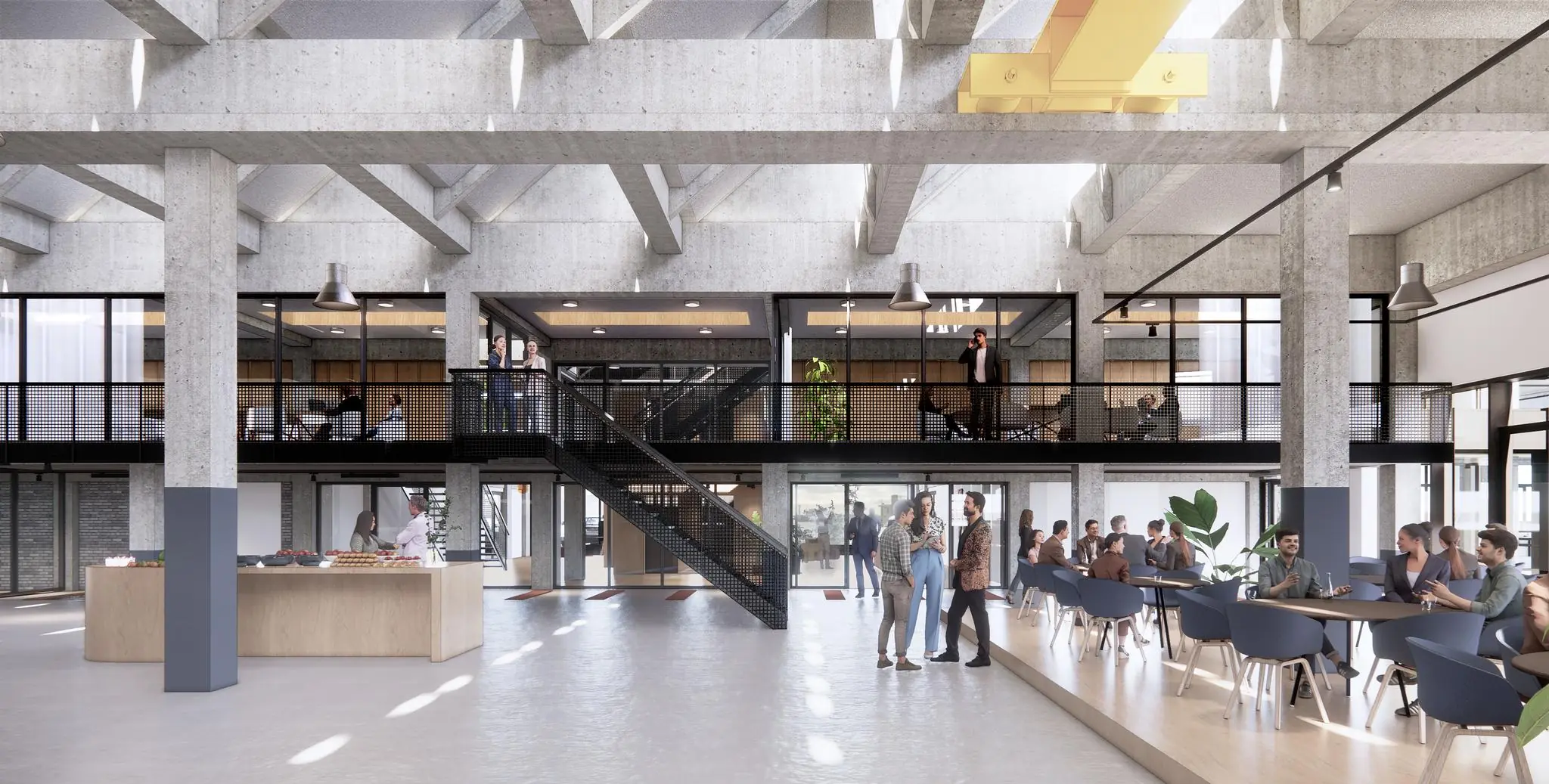 Moderne, industriële kantoorruimte aan de Sluisjesdijk met open werkplekken, vergaderruimtes en een centraal cafégedeelte waar mensen samenkomen.
