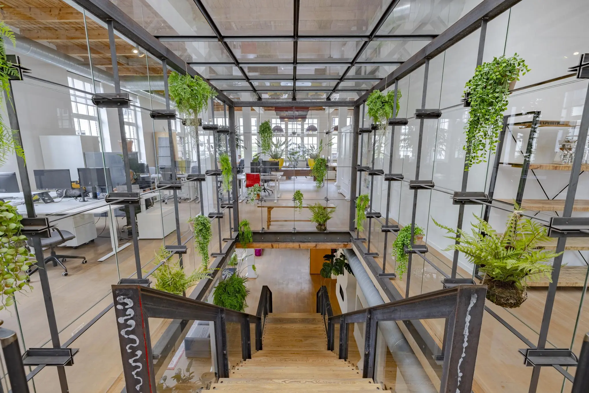 Moderne kantoorruimte aan de Plantage Middenlaan met glazen wanden, houten trap en hangende planten.