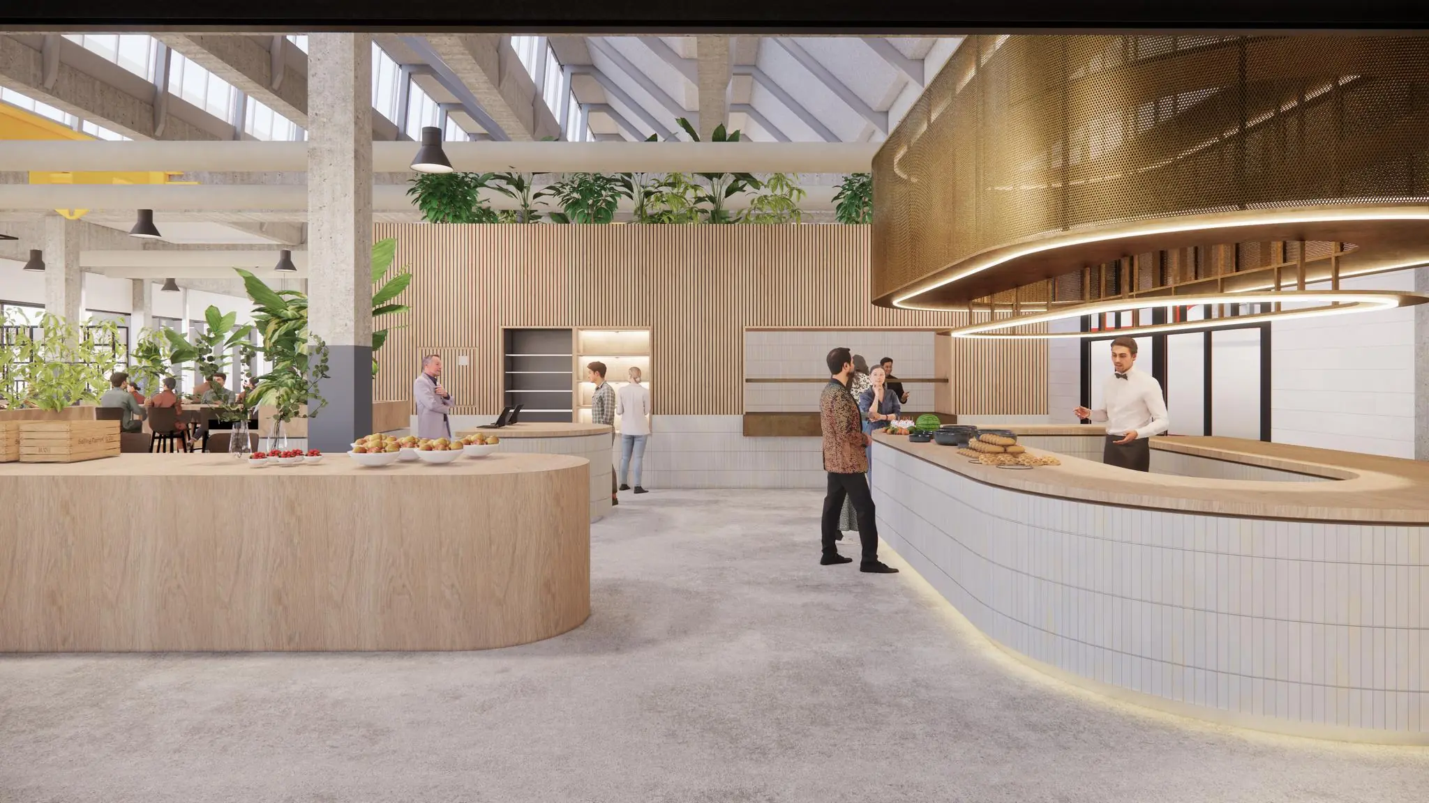 Modern bedrijfsrestaurant aan de Sluisjesdijk met open keuken, houten interieurelementen en diverse etende gasten.