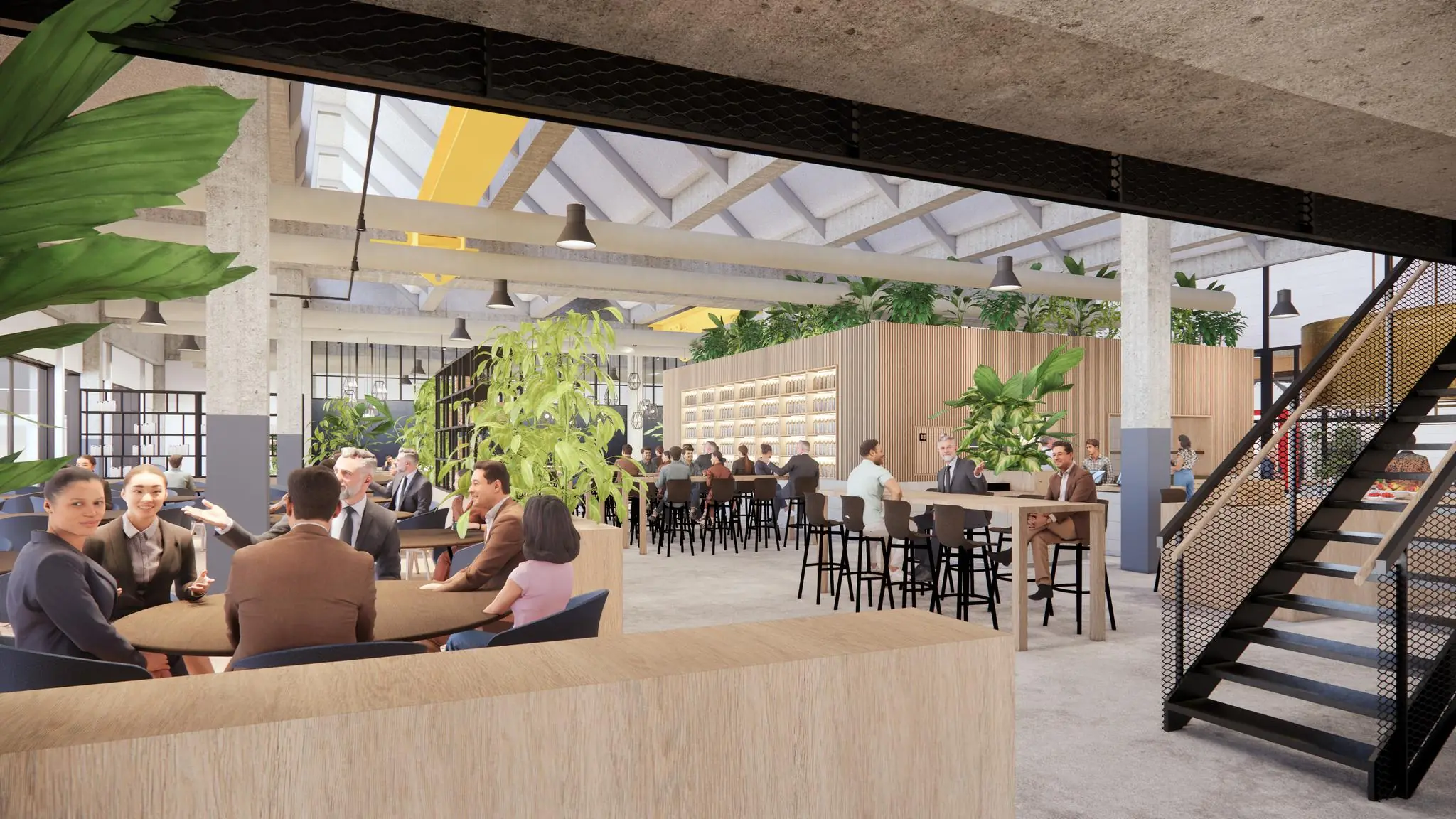 Moderne en lichte ontmoetingsruimte aan de Sluisjesdijk met mensen die aan tafels en een bar zitten in een industrieel interieur met veel planten.