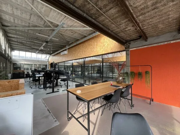 Modern industrieel kantoorinterieur aan de Eendrachtlaan met open werkplekken, houten accenten en een feloranje muur met hangplanten.