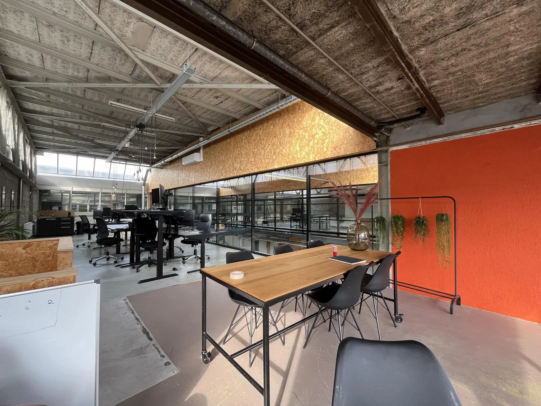 Modern industrieel kantoorinterieur aan de Eendrachtlaan met open werkplekken, houten accenten en een feloranje muur met hangplanten.