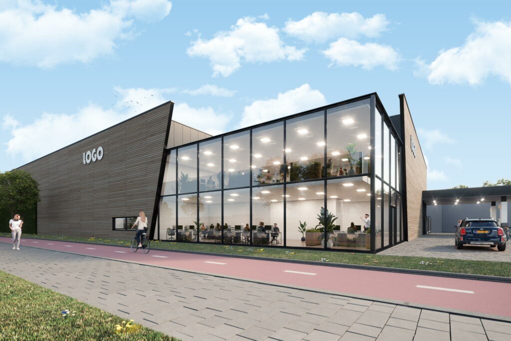 Modern kantoorgebouw aan de Nijverheidsweg met glazen gevel, naast een fietspad en parkeerplaats.