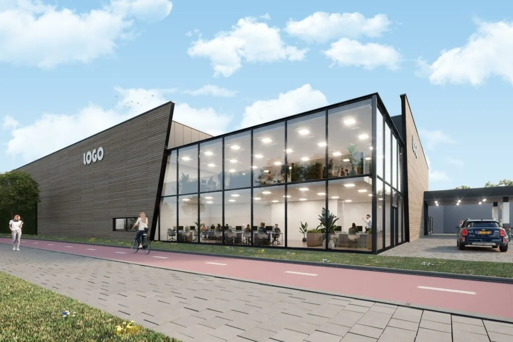 Modern kantoorgebouw aan de Nijverheidsweg met glazen gevel, naast een fietspad en parkeerplaats.