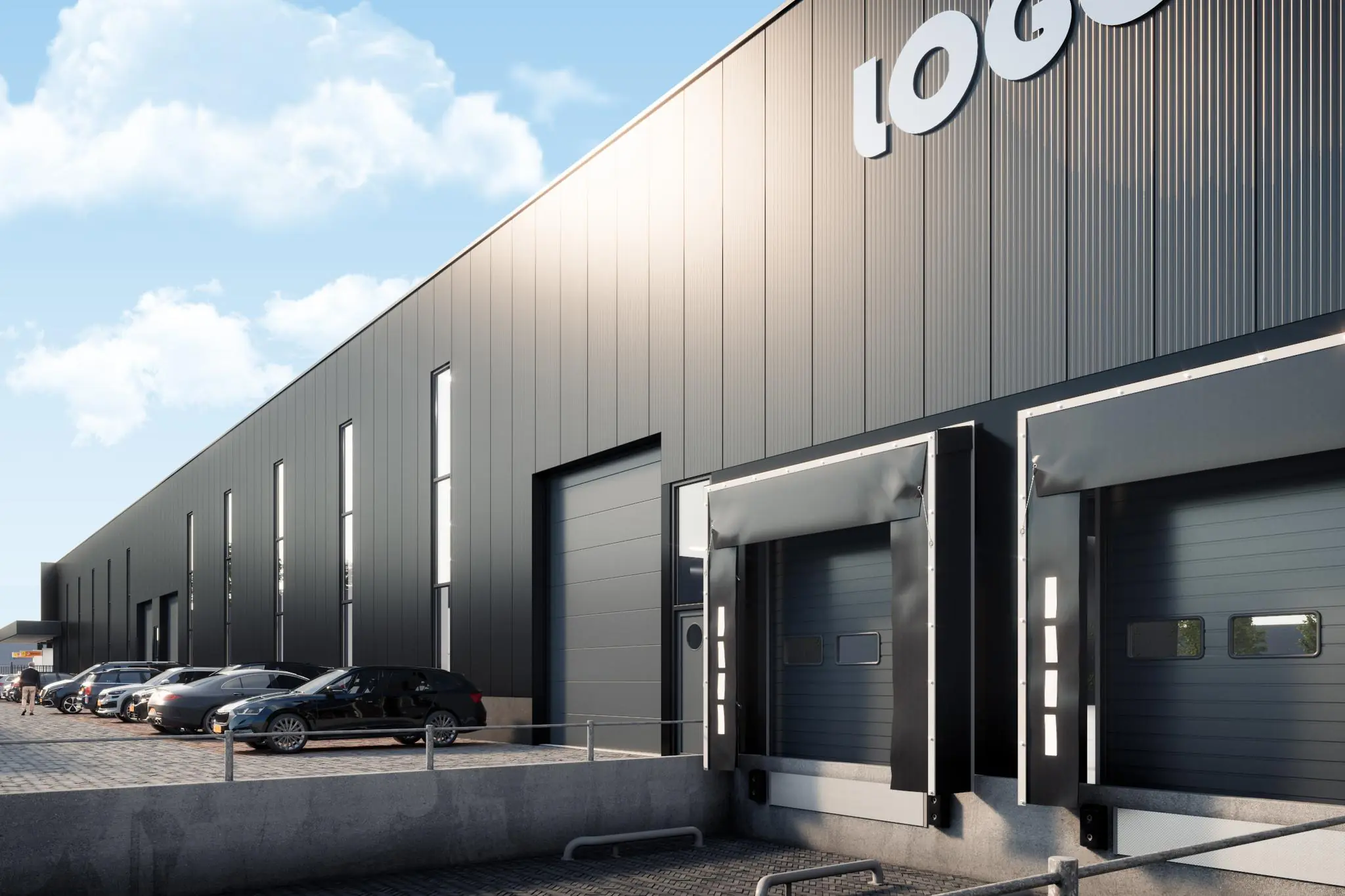 Moderne bedrijfshal aan de Nijverheidsweg met laadperrons en geparkeerde auto's op de voorgrond.