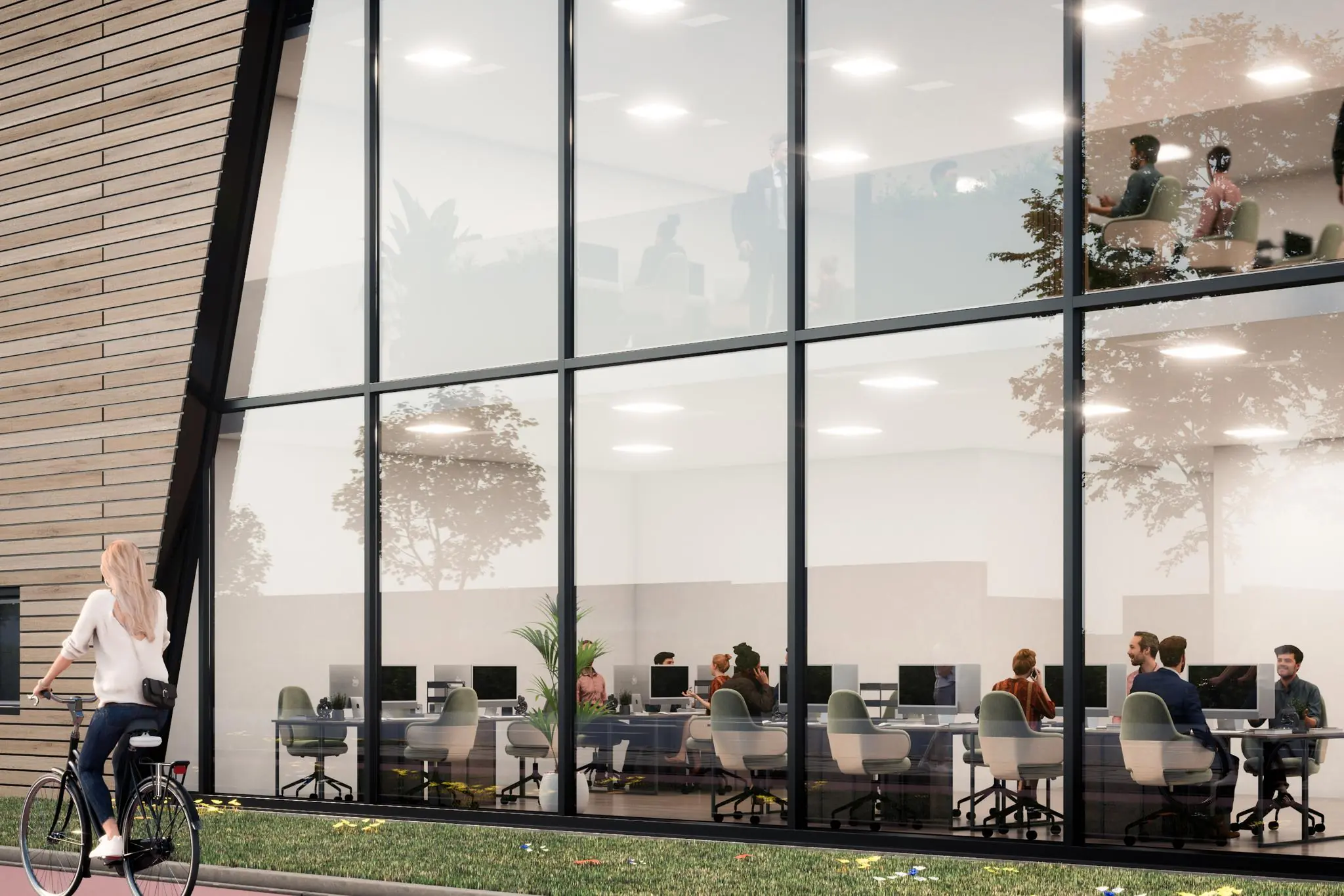 Moderne kantoorgevel aan de Nijverheidsweg met zicht op werkende mensen achter grote glazen ramen en een vrouw op de fiets op de voorgrond.