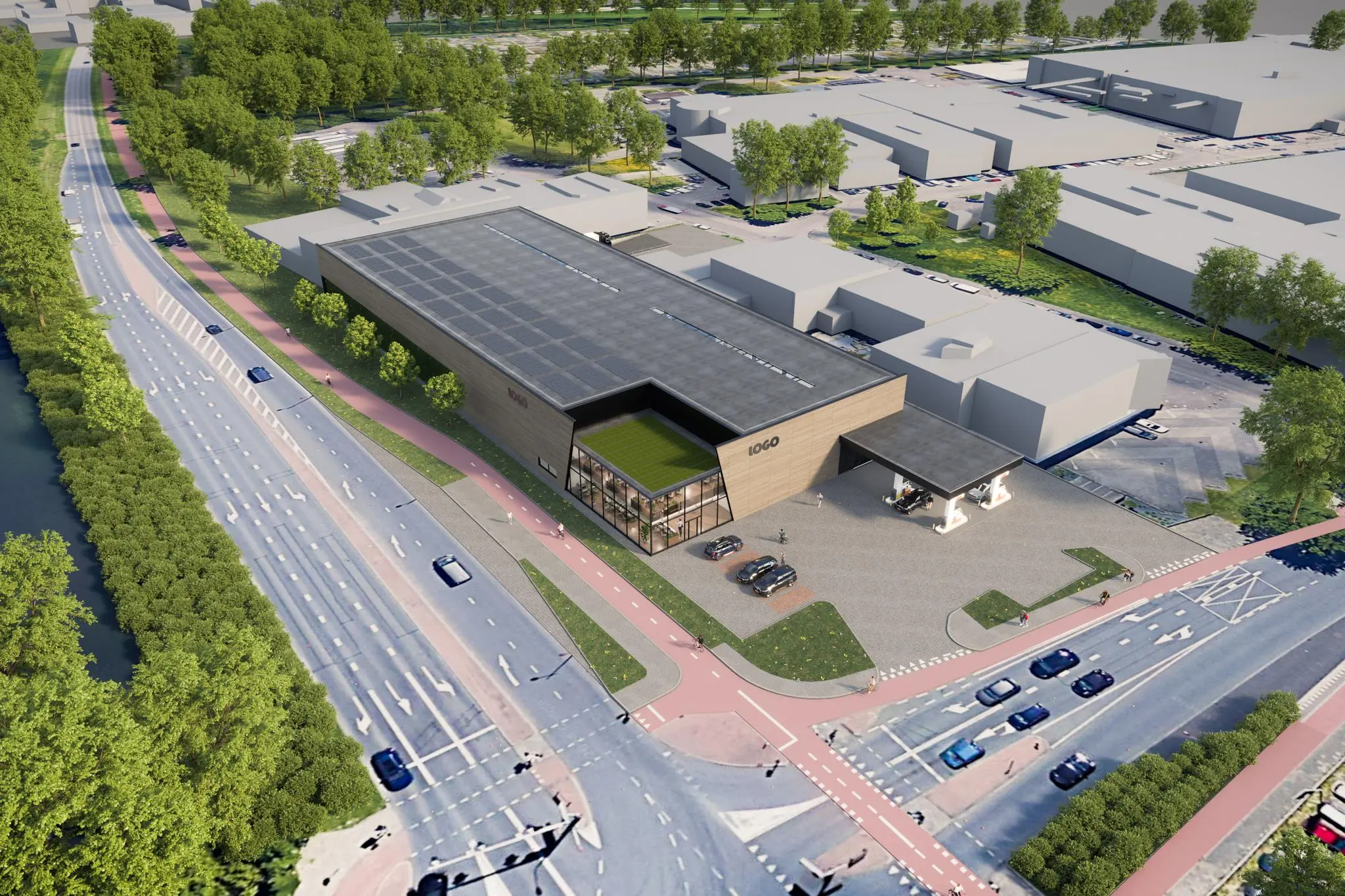 Luchtbeeld van een modern bedrijfsgebouw aan de Nijverheidsweg met zonnepanelen op het dak en omringende infrastructuur.