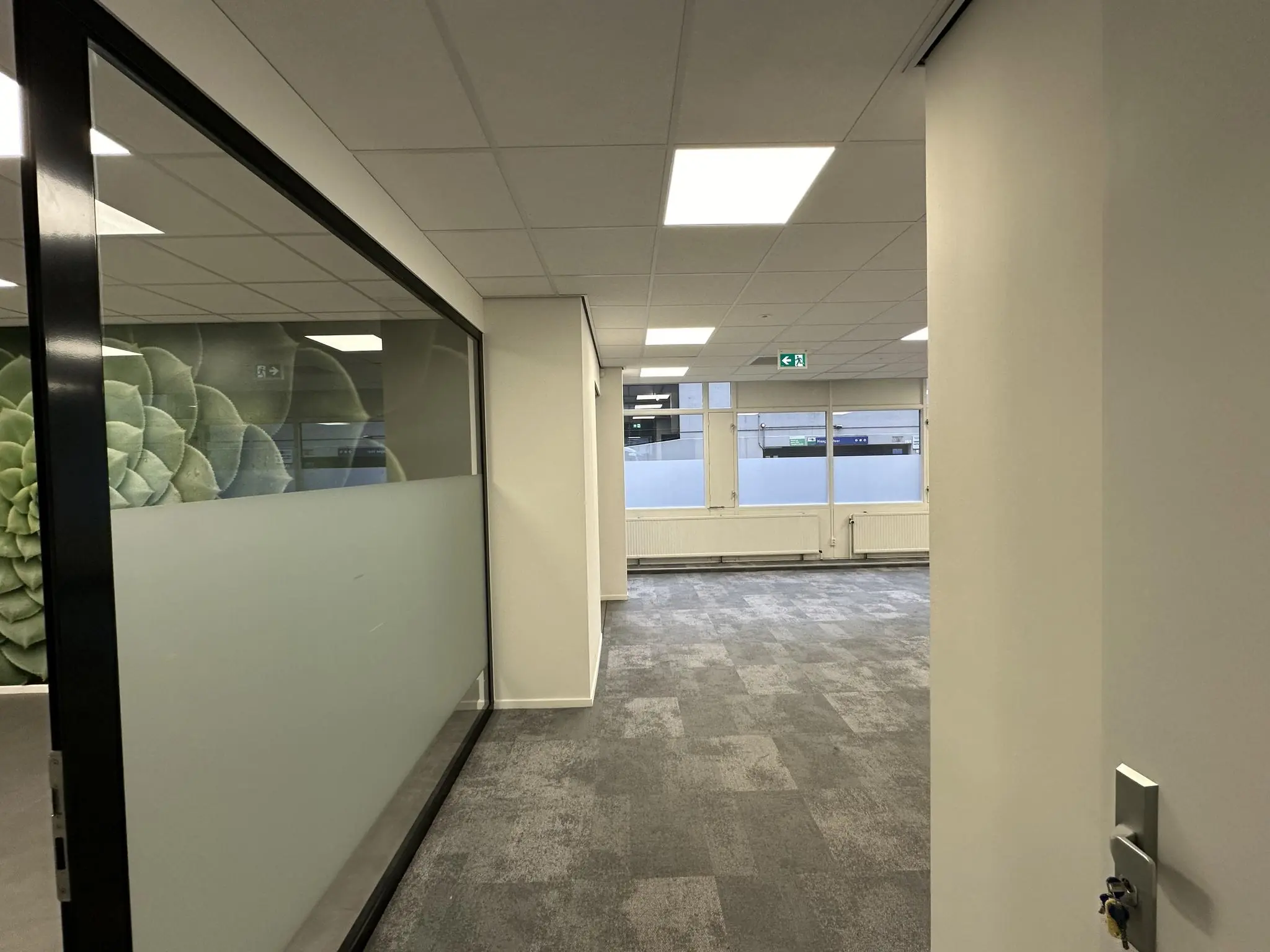 Kantoorruimte aan de Coolsingel met glazen wand, grijs tapijt en uitzicht op de straat via grote ramen.