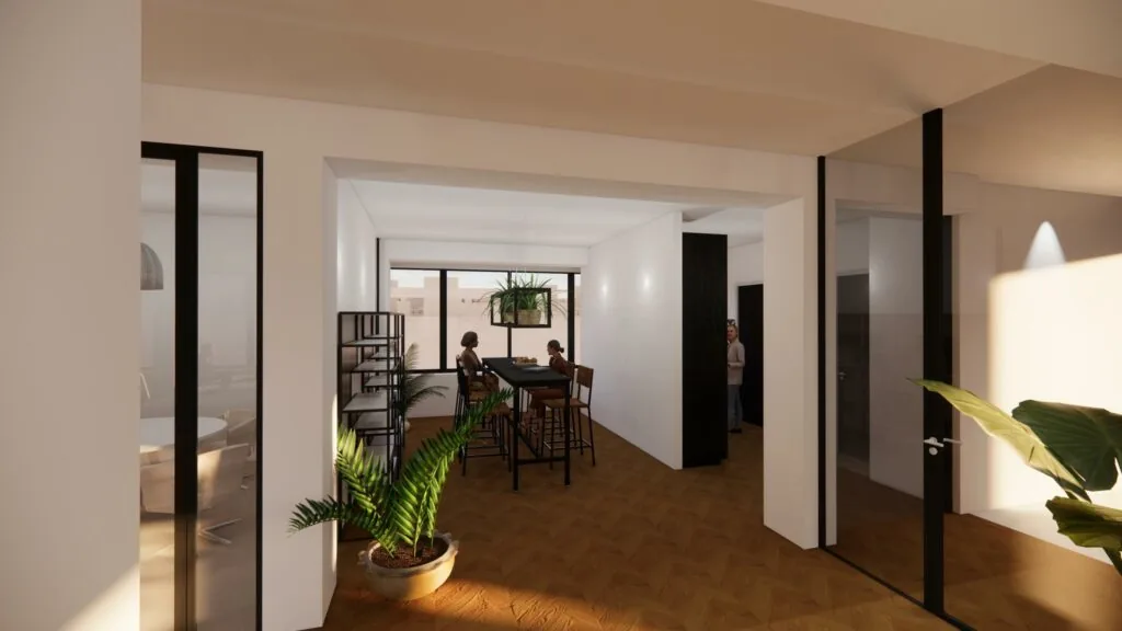 Moderne eetruimte aan de Volmerlaan met hoge tafel, zwarte accenten en veel daglicht.