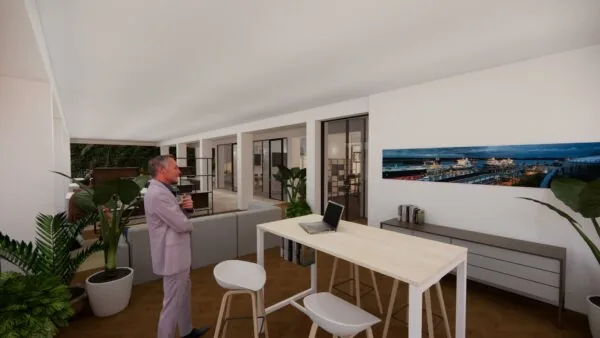 Man in pak staat met een kop koffie in een modern kantoor aan de Volmerlaan met veel glas, planten en een grote foto van een industriegebied aan de muur.