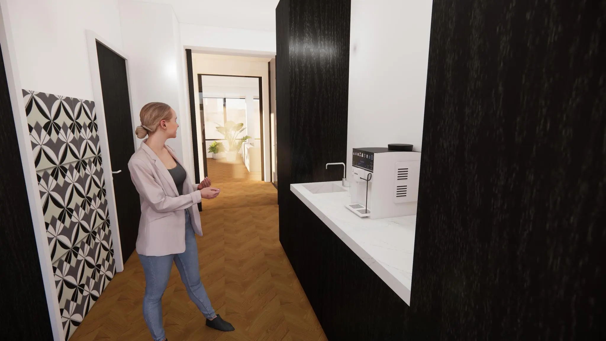 Vrouw in modern kantoorinterieur aan de Volmerlaan met een koffieautomaat op het aanrecht.