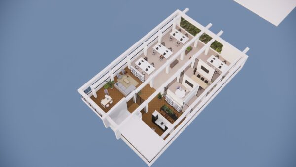 3D-visualisatie van een modern kantoorpand aan de Volmerlaan met werkplekken, vergaderruimtes en loungegedeeltes.