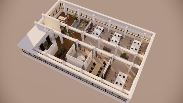 3D-impressie van een modern kantoorpand aan de Volmerlaan met diverse werkplekken, vergaderruimtes en lounges.