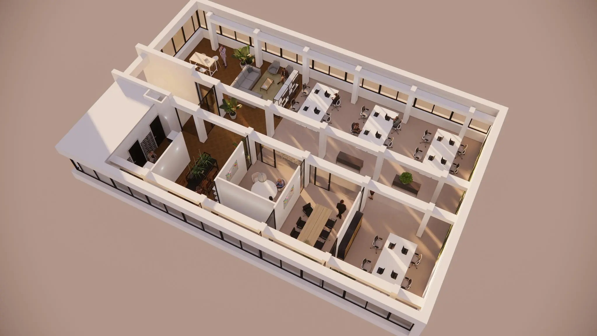 3D-impressie van een modern kantoorpand aan de Volmerlaan met diverse werkplekken, vergaderruimtes en lounges.