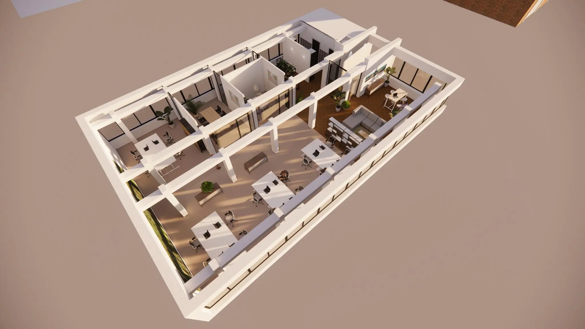 3D-rendering van een modern kantoorinterieur aan de Volmerlaan met werkplekken, vergaderruimtes en loungegedeelte.