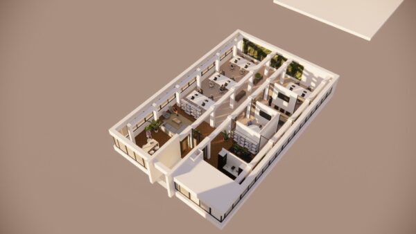 3D-visualisatie van een modern kantoorpand aan de Volmerlaan met meerdere werkplekken, vergaderruimtes en loungegedeelten.