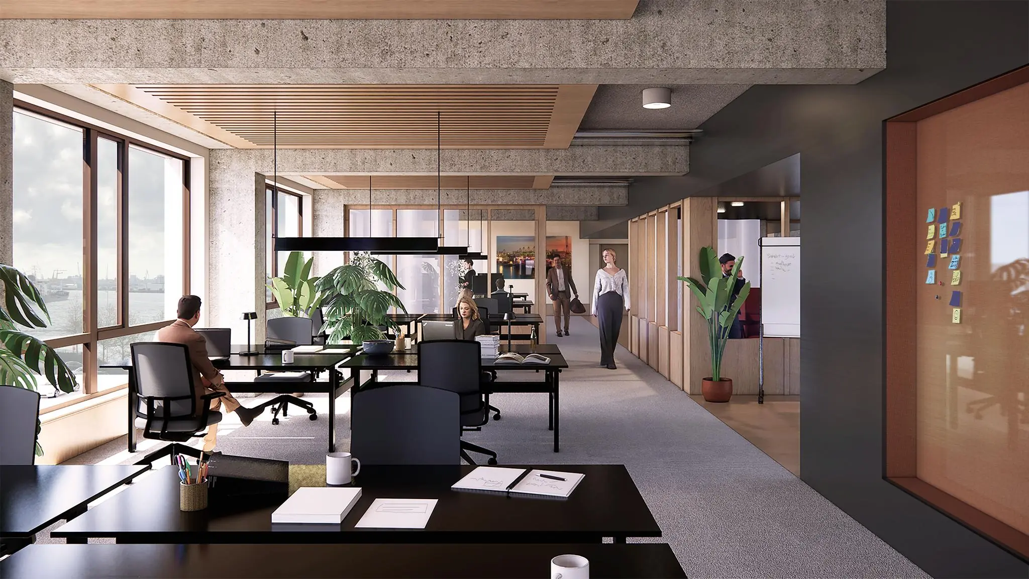 Moderne open kantoorruimte aan de Sluisjesdijk met grote ramen, werkplekken, planten en mensen aan het werk.