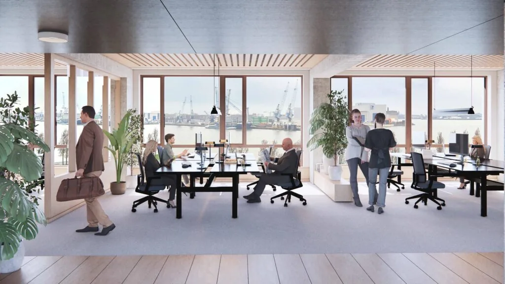 Moderne kantoorruimte aan de Sluisjesdijk met uitzicht op een haven en mensen die aan bureaus werken of met elkaar in gesprek zijn.