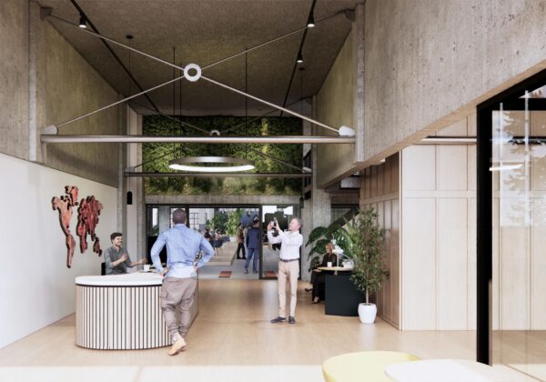 Moderne kantoorentree aan de Sluisjesdijk met een receptiebalie, groene wand en mensen in gesprek of aan het werk.