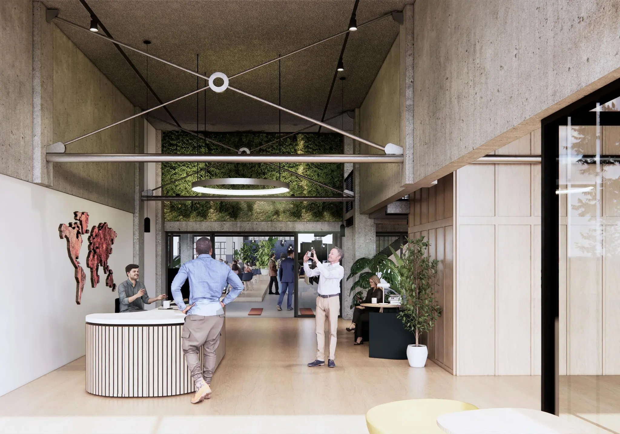 Moderne kantoorentree aan de Sluisjesdijk met een receptiebalie, groene wand en mensen in gesprek of aan het werk.