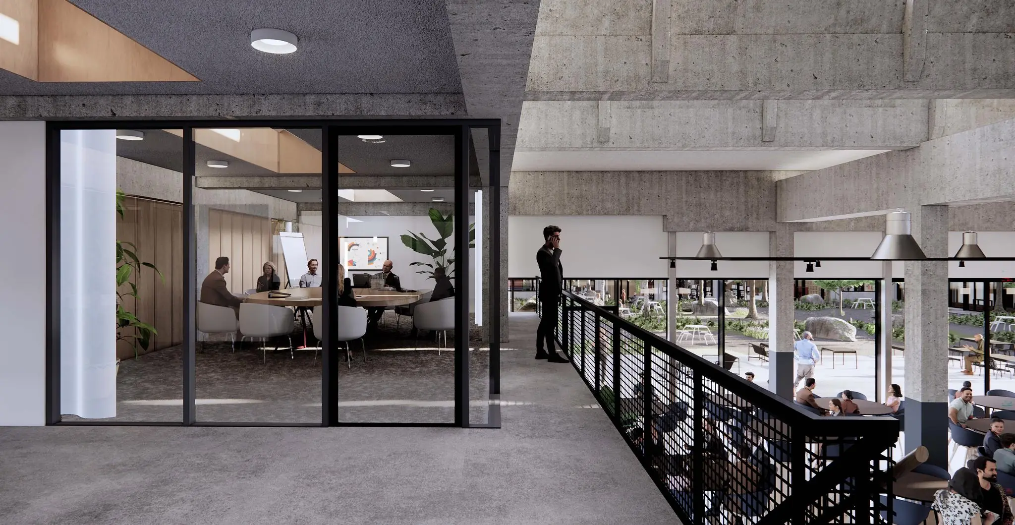 Moderne kantoorruimte aan de Sluisjesdijk met vergaderruimte, overloop en zicht op een drukbezocht café of kantine beneden.