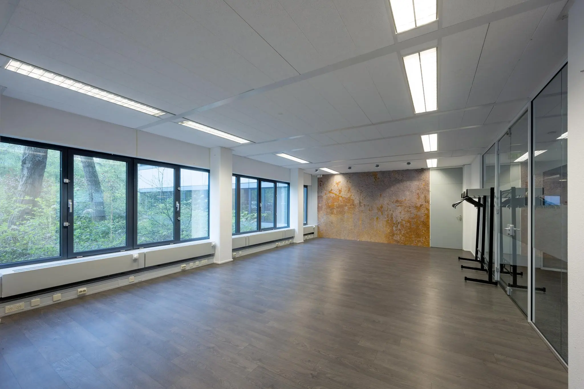 Lege, moderne kantoorruimte met grote ramen, houten vloer en een deels verweerde oranje muur.