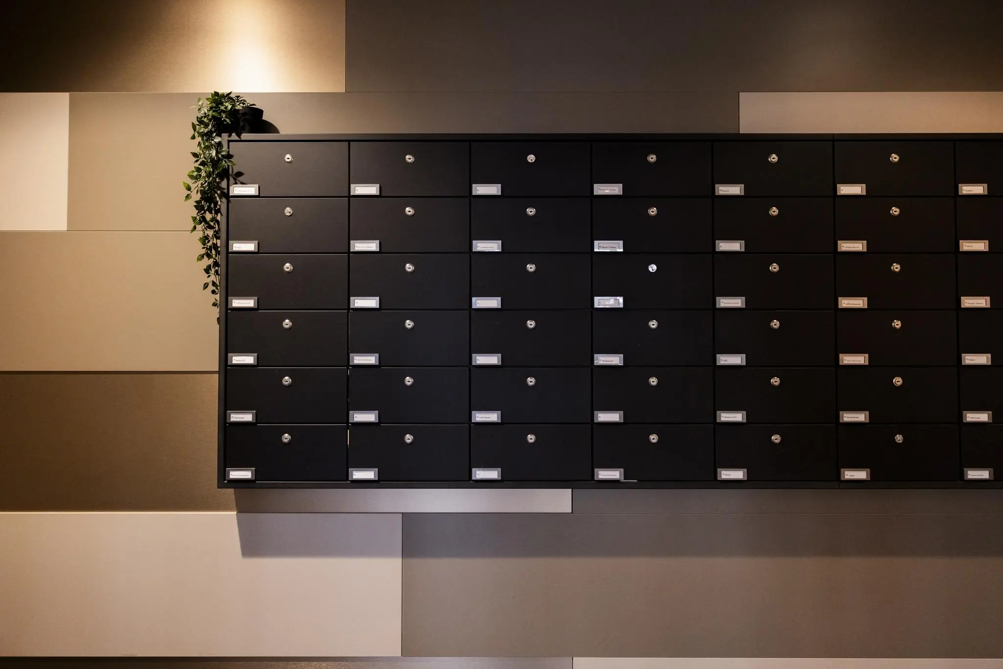 Zwarte brievenbussenwand met naamplaatjes en een hangplant aan de Winthontlaan.