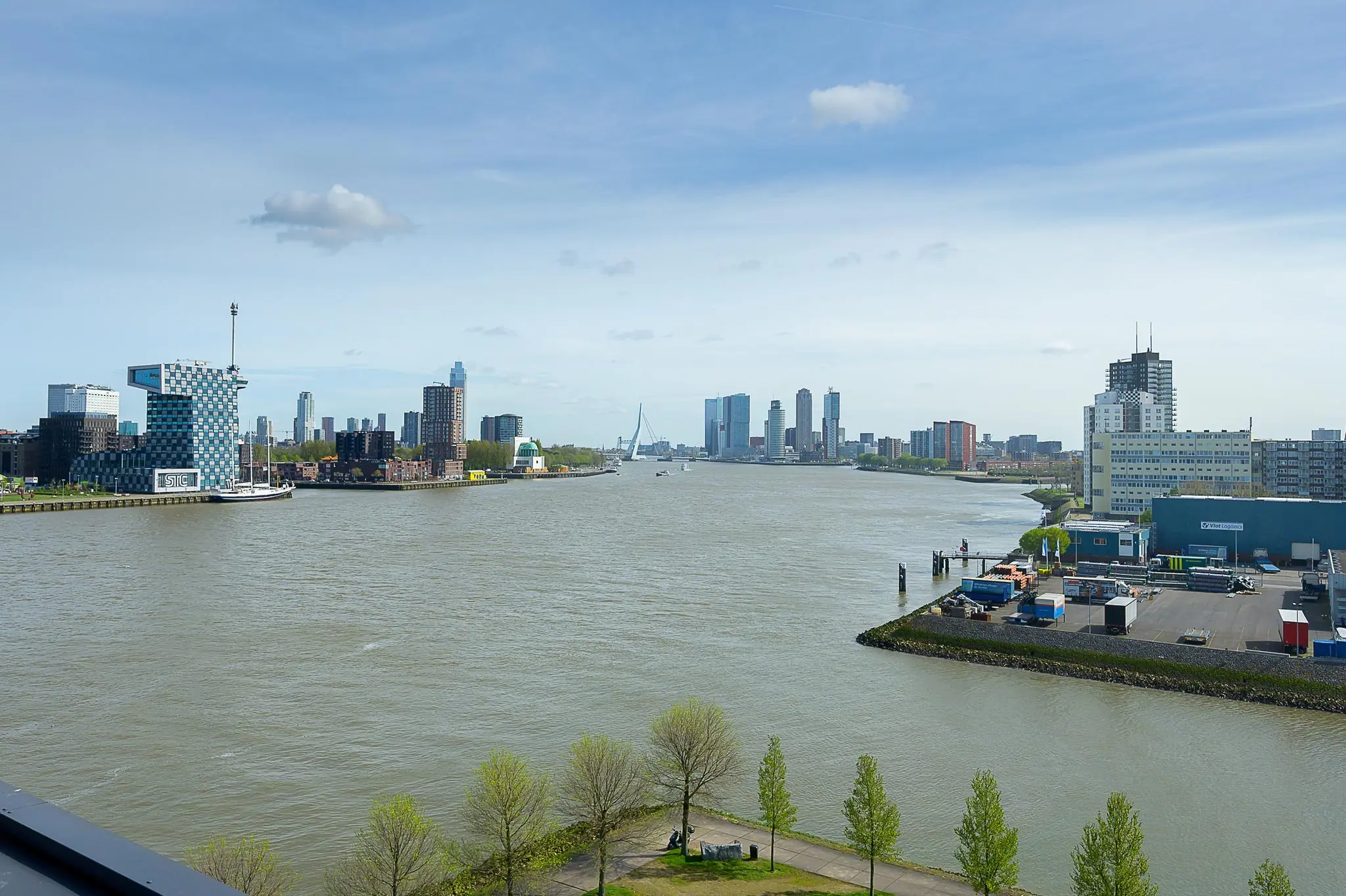 Panoramisch uitzicht op de Rotterdamse skyline vanaf de Willingestraat met de Nieuwe Maas en de Erasmusbrug in beeld.