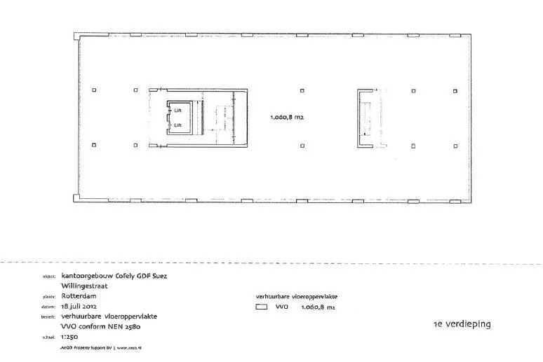 Plattegrond van de eerste verdieping van kantoorgebouw Cofely GDF Suez aan de Willingestraat in Rotterdam met een verhuurbare vloeroppervlakte van 1.060,8 m².