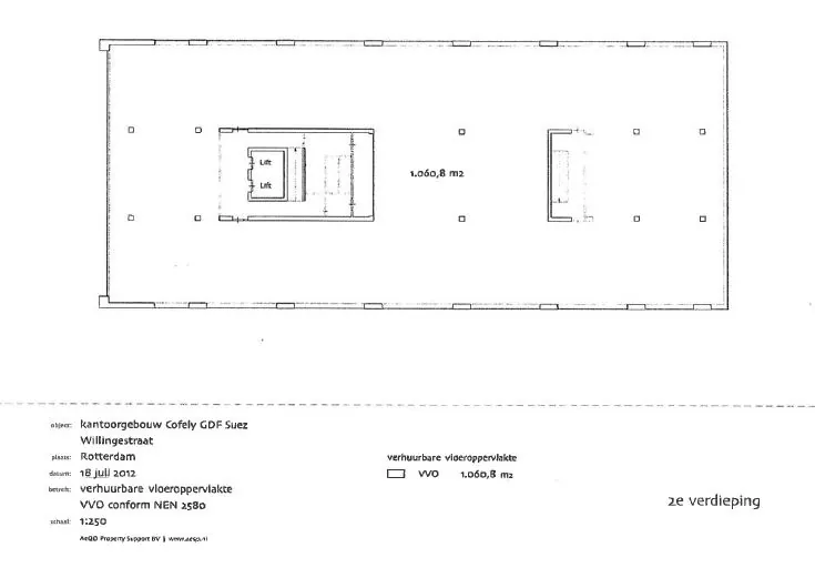 Plattegrond van de tweede verdieping van kantoorgebouw Cofely GDF Suez aan de Willingestraat in Rotterdam met 1.060,8 m² verhuurbare vloeroppervlakte.
