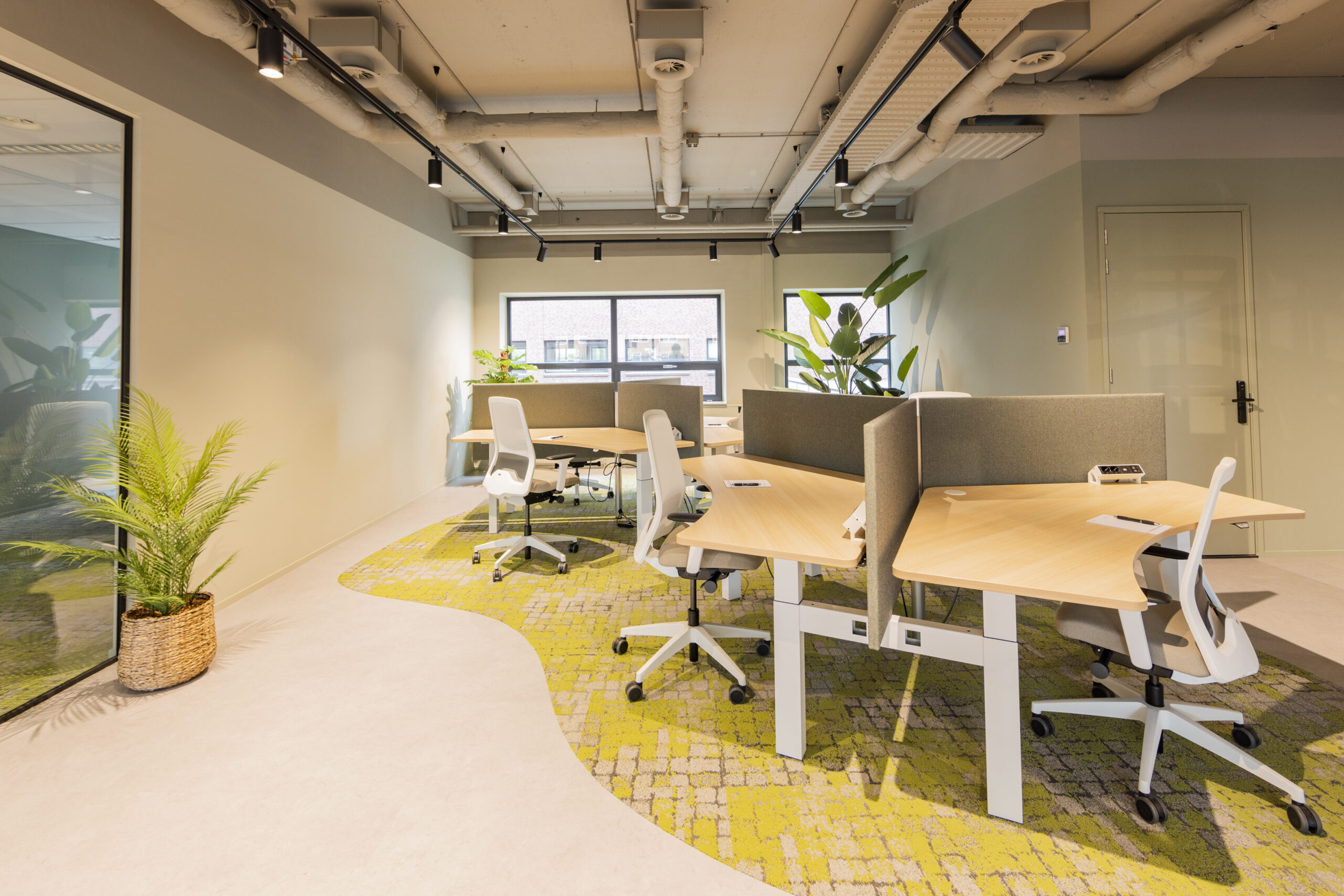 Een lichte, moderne kantoorruimte met bureaus, witte stoelen en groene planten.