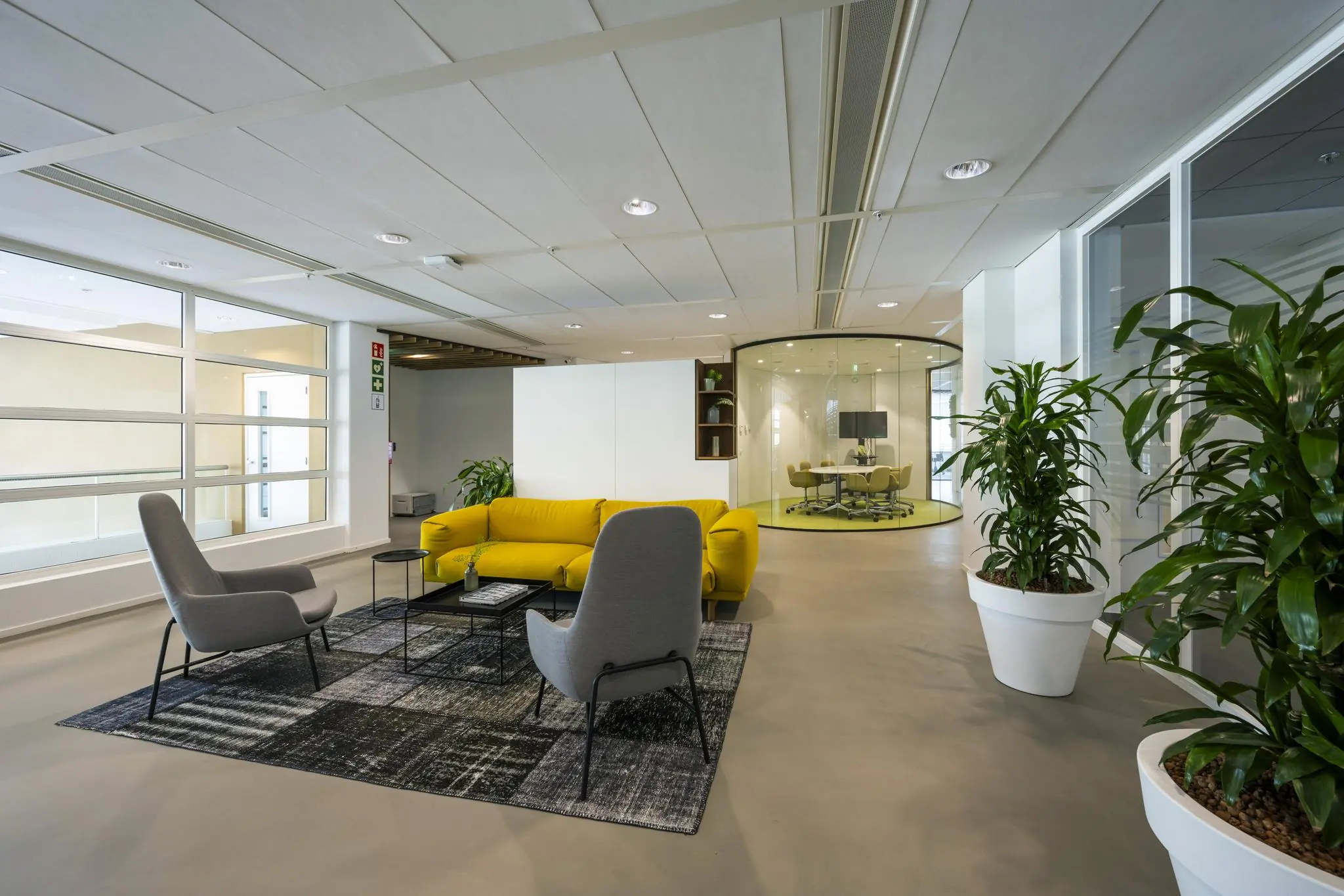Modern kantoorinterieur met een gele bank, grijze stoelen, grote planten en een glazen vergaderruimte op Laarderhoogtweg.