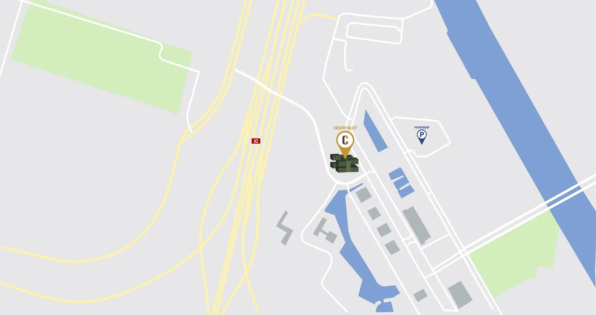 Kaart met locatieaanduiding van Creative Valley aan de Orteliuslaan nabij de A2 en parkeerterrein P+R Papendorp.